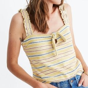 NWT Madewell Ruffle Strap Tie Front Stretchy Ribbed Knit Yellow Tank Top S